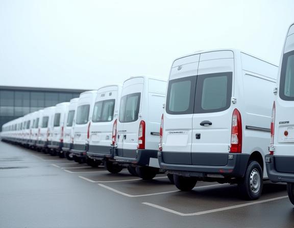 A line of clean white commercial vans parked in a lot.