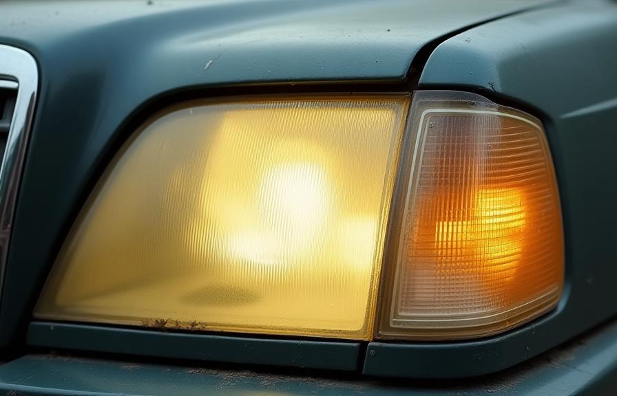 A foggy, yellowed car headlight.