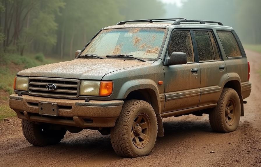 A dirty SUV covered in mud and grime.