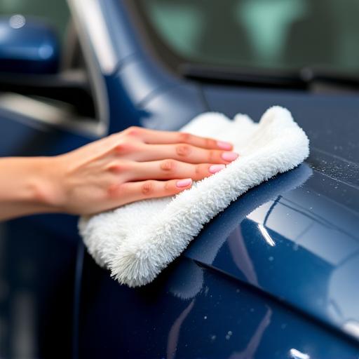 マイクロファイバータオルで車を丁寧に拭き上げる専門スタッフ