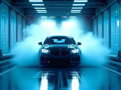 Car moving through a modern, automated car wash tunnel.