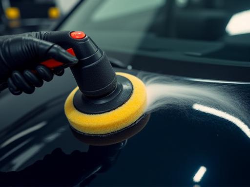 Close-up of a buffer applying optical paint protection to a car's hood.