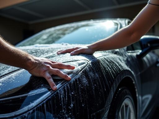 A detailing expert carefully hand washing a black sedan.