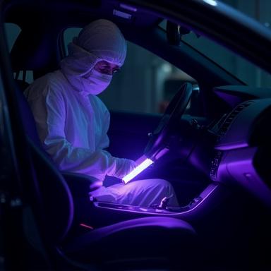 A technician using a UV sanitization wand inside a car.